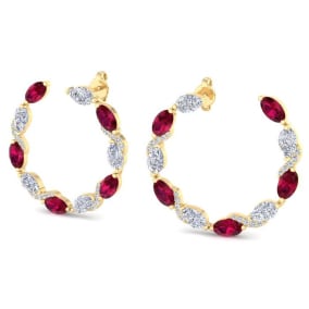 4 3/4 Carat Ruby and Lab Grown Diamond Hoop Earrings In 14 Karat Yellow Gold, 3/4 Inch
