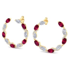 4 3/4 Carat Ruby and Lab Grown Diamond Hoop Earrings In 14 Karat Yellow Gold