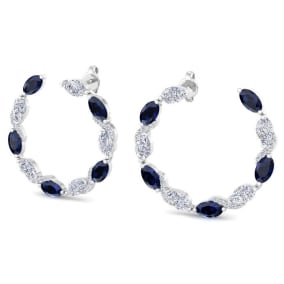 4 3/4 Carat Sapphire and Lab Grown Diamond Hoop Earrings In 14 Karat White Gold