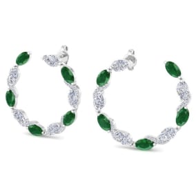 4 3/4 Carat Emerald and Lab Grown Diamond Hoop Earrings In 14 Karat White Gold