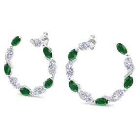 4 3/4 Carat Emerald and Lab Grown Diamond Hoop Earrings In 14 Karat White Gold, 3/4 Inch