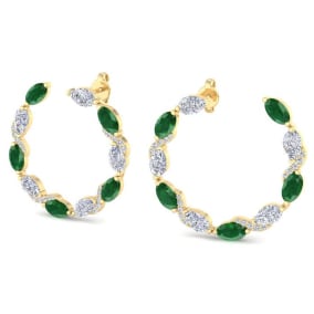 4 3/4 Carat Emerald and Lab Grown Diamond Hoop Earrings In 14 Karat Yellow Gold, 3/4 Inch