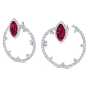 6 Carat Ruby and Lab Grown Diamond Hoop Earrings In 14 Karat White Gold, 1 1/3 Inches