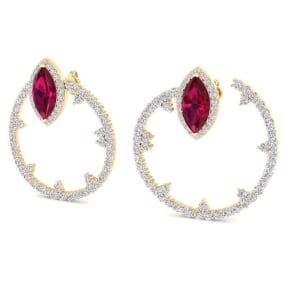 6 Carat Ruby and Lab Grown Diamond Hoop Earrings In 14 Karat Yellow Gold, 1 1/3 Inches