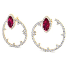 6 Carat Ruby and Lab Grown Diamond Hoop Earrings In 14 Karat Yellow Gold