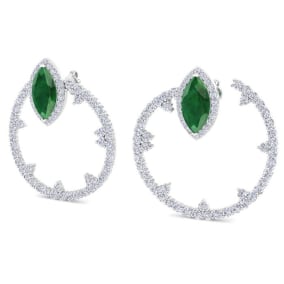 6 Carat Emerald and Lab Grown Diamond Hoop Earrings In 14 Karat White Gold