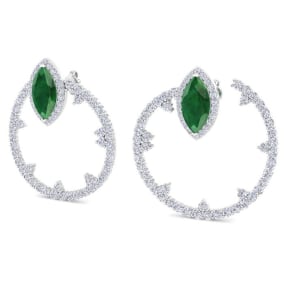 6 Carat Emerald and Lab Grown Diamond Hoop Earrings In 14 Karat White Gold, 1 1/3 Inches