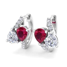 1 1/2 Carat Ruby and Lab Grown Diamond Hoop Earrings In 14 Karat White Gold, 1/2 Inch
