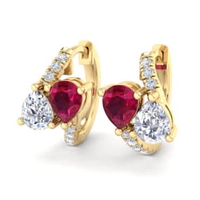 1 1/2 Carat Ruby and Lab Grown Diamond Hoop Earrings In 14 Karat Yellow Gold, 1/2 Inch