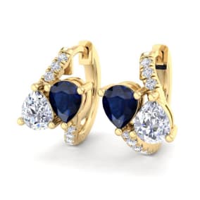 1 1/2 Carat Sapphire and Lab Grown Diamond Hoop Earrings In 14 Karat Yellow Gold