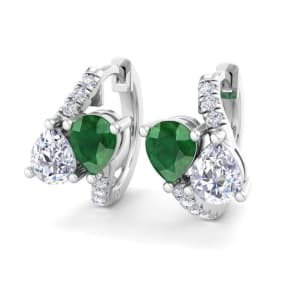1 1/2 Carat Emerald and Lab Grown Diamond Hoop Earrings In 14 Karat White Gold, 1/2 Inch