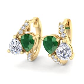 1 1/2 Carat Emerald and Lab Grown Diamond Hoop Earrings In 14 Karat Yellow Gold