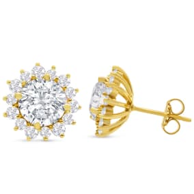 5 Carat Lab Grown Diamond Halo Stud Earrings In 14 Karat Yellow Gold, 2 Carat Center Diamond!