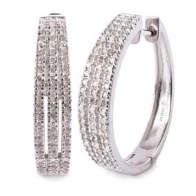 1/2 Carat Double Row Diamond Hoop Earrings In Sterling Silver, 3/4 Inch
