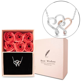 Diamond Two-Tone Heart Necklace With 1/2 Dozen Infinity Roses and Free Gift Box, 18 inches