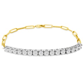 1 1/2 Carat Lab Grown Diamond Tennis Bracelet On 14 Karat Yellow Gold Paperclip Chain, 7 Inches