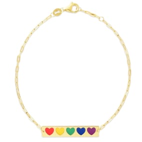 14 Karat Yellow Gold Rainbow Enamel Hearts Bar Bracelet, 7 Inches