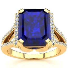 4 3/4 Carat Sapphire and Halo Diamond Ring In 14 Karat Yellow Gold