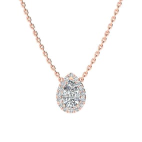 1/4 Carat Pear Shape Halo Diamond Necklace In 14K Rose Gold