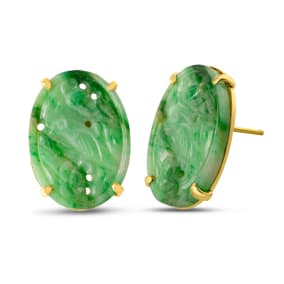 Previously Owned 14K Yellow Gold 19x14mm Antique Songbird Carved Jadite Earrings