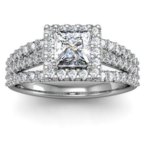 1 1/2 Carat Elegant Princess Cut Halo Diamond Engagement Ring In 14 Karat White Gold, Size 4