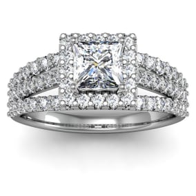 1 1/2 Carat Triple Band Princess Cut Halo Diamond Engagement Ring in 14 Karat White Gold