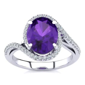Estate Jewelry 2-1/2 Carat Oval Shape Amethyst and Halo Diamond Ring In 14 Karat White Gold, Size 9.5