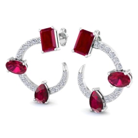 3 Carat Ruby and Lab Grown Diamond Hoop Earrings In 14 Karat White Gold, 3/4 Inch