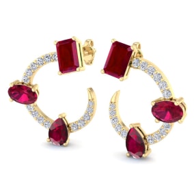 3 Carat Ruby and Lab Grown Diamond Hoop Earrings In 14 Karat Yellow Gold, 3/4 Inch