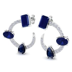 3 Carat Sapphire and Lab Grown Diamond Hoop Earrings In 14 Karat White Gold, 3/4 Inch