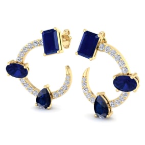 3 Carat Sapphire and Lab Grown Diamond Hoop Earrings In 14 Karat Yellow Gold, 3/4 Inch