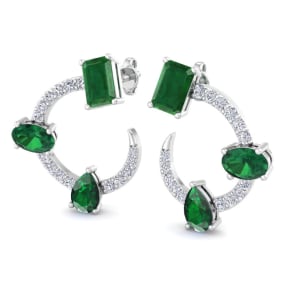 3 Carat Emerald and Lab Grown Diamond Hoop Earrings In 14 Karat White Gold, 3/4 Inch