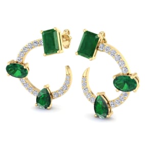 3 Carat Emerald and Lab Grown Diamond Hoop Earrings In 14 Karat Yellow Gold, 3/4 Inch