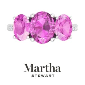 Martha Stewart 5 Carat Oval Shape Pink Sapphire and Lab Grown Diamond Three Stone Plus Ring In Sterling Silver