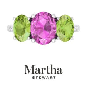 Martha Stewart 5 Carat Oval Shape Pink Sapphire, Peridot and Lab Grown Diamond Three Stone Plus Ring In Sterling Silver