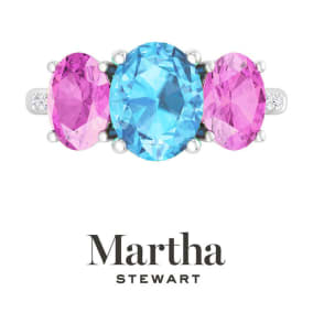 Martha Stewart 5 Carat Oval Shape Blue Topaz, Pink Sapphire and Lab Grown Diamond Three Stone Plus Ring In Sterling Silver