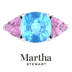 Martha Stewart 8 Carat Cushion Blue Topaz, Pink Sapphire and Lab Grown Diamond Three Stone Plus Ring In Sterling Silver