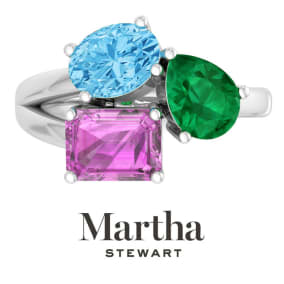 Martha Stewart 3 3/4 Carat Blue Topaz, Emerald and Pink Sapphire Three Stone Cluster Ring In Sterling Silver