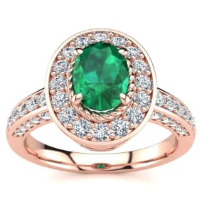 Estate Jewelry 1-2/3 Carat Oval Shape Emerald and Halo Diamond Ring In 14 Karat Rose Gold