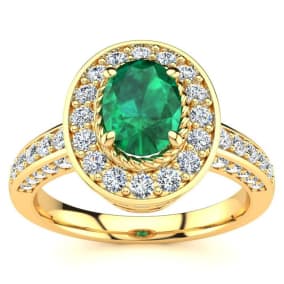 Estate Jewelry - 1/2 Carat Oval Shape Emerald and Halo Diamond Ring In 14 Karat Yellow Gold, Size 7.5