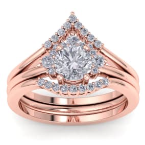 Previously Owned Moissanite Engagement Ring; 1 1/5 Carat Moissanite Bridal Set With Crown In 14 Karat Rose Gold Size 7