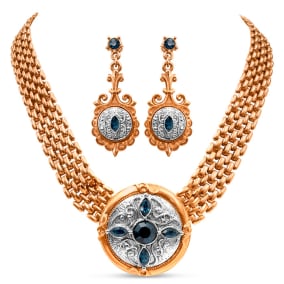 Estate Jewelry Vintage Necklace & Earrings Set In Rose Copper Alloy With Deep Blue Crystals Accents, 17 Inches