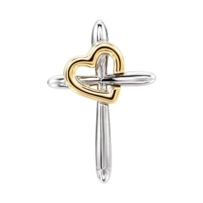 14 Karat White & Yellow Gold Cross & Heart Necklace, 19x13mm