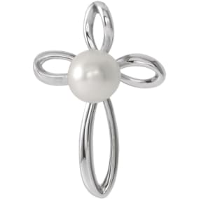 14 Karat White Gold Pearl Cross Necklace, 16x11mm