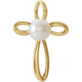 14 Karat Yellow Gold Pearl Cross Necklace, 16x11mm