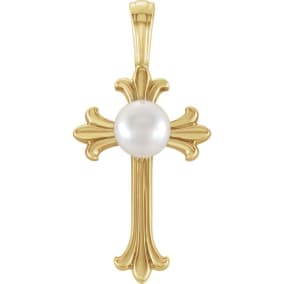 14 Karat Yellow Gold Pearl Cross Necklace, 21x10mm