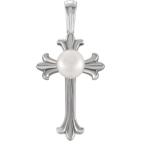 Sterling Silver Pearl Cross Necklace, 21x10mm