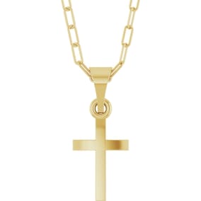 14 Karat Yellow Gold Cross With Paperclip Chain Necklace, 15x7mm