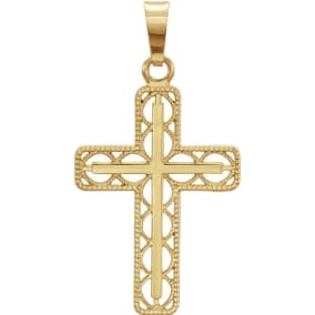 14 Karat Yellow Gold Filigree Cross Necklace, 28x14mm