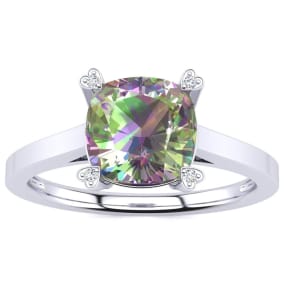 2 Carat Cushion Shape Mystic Topaz With Diamond Prongs in 10 Karat White Gold